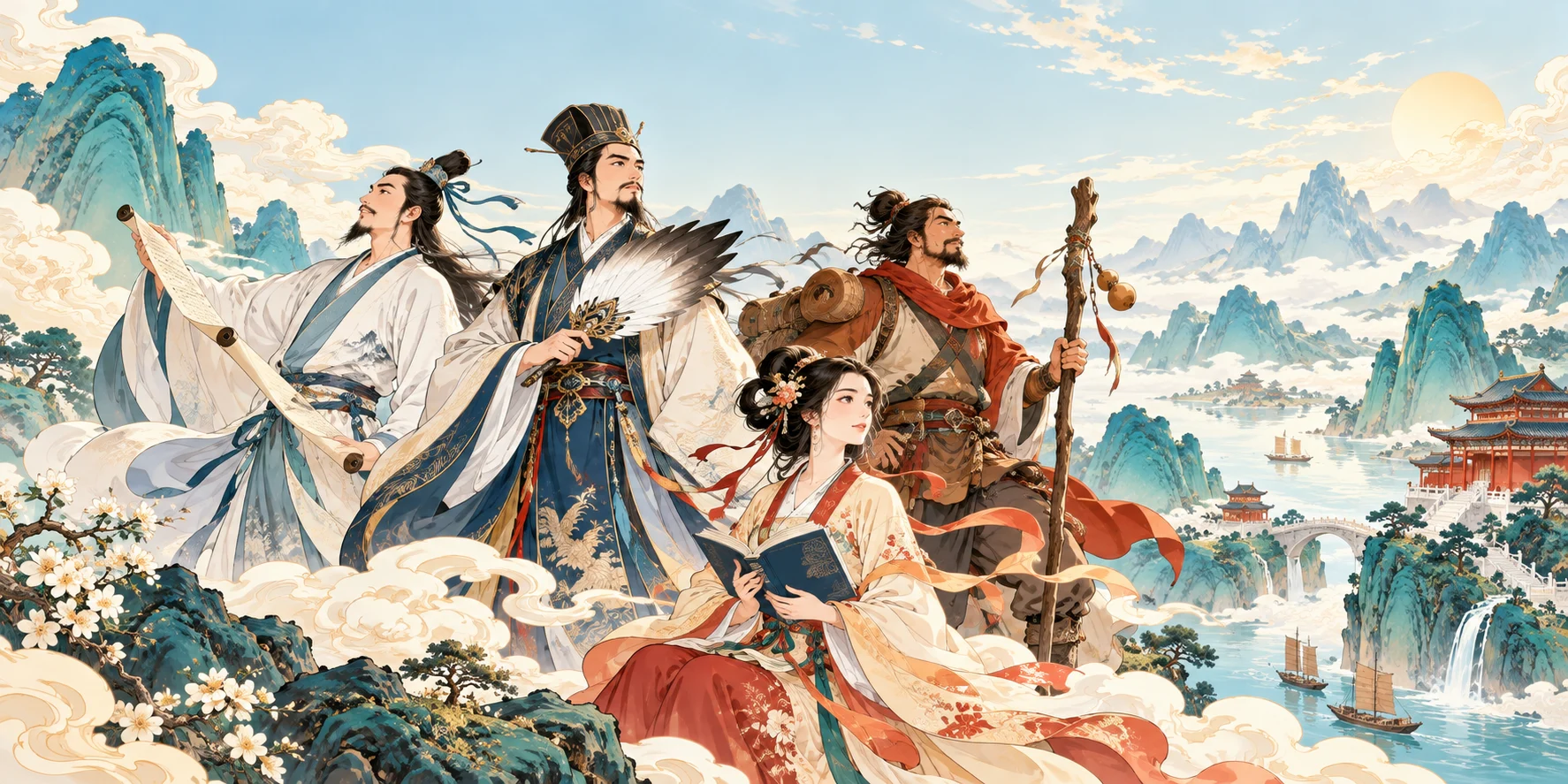诗人、谋士、行旅者与女学者走入青绿山水的国风示意插画